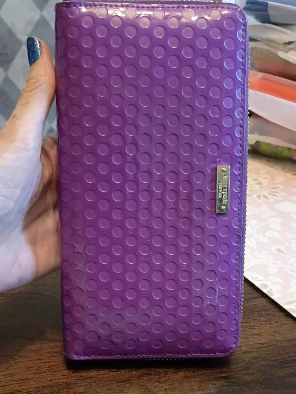kate spade Purple Dot-Embossed Zip Wallet